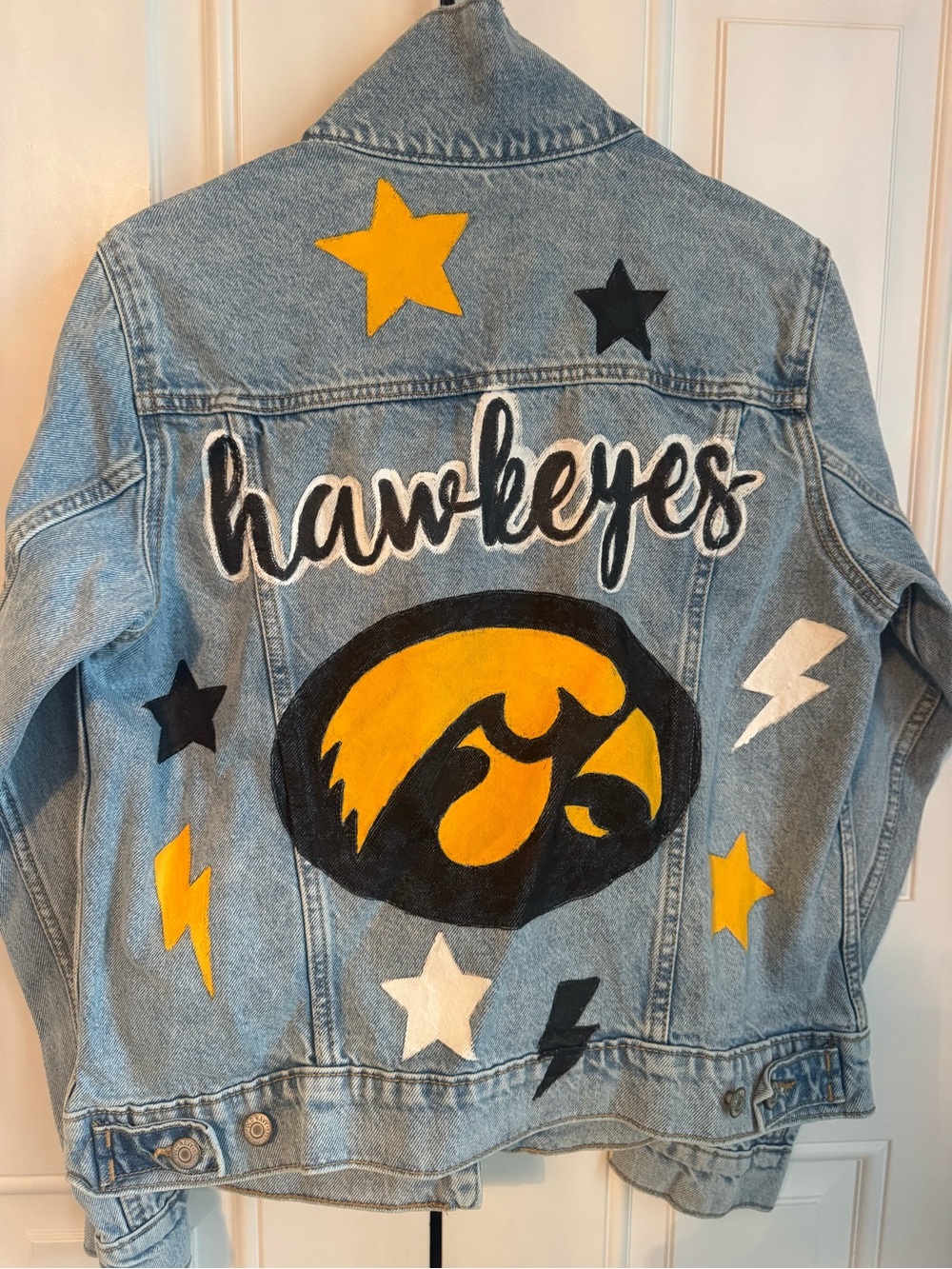 Iowa Hawkeyes Hand Painted Denim Jacket with Yellow & Black Graphics Women’s Med